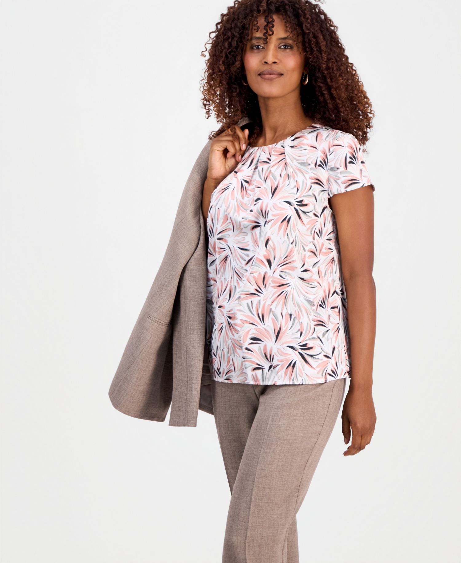 Women's Printed Pleated-Neck Cap-Sleeve Top
