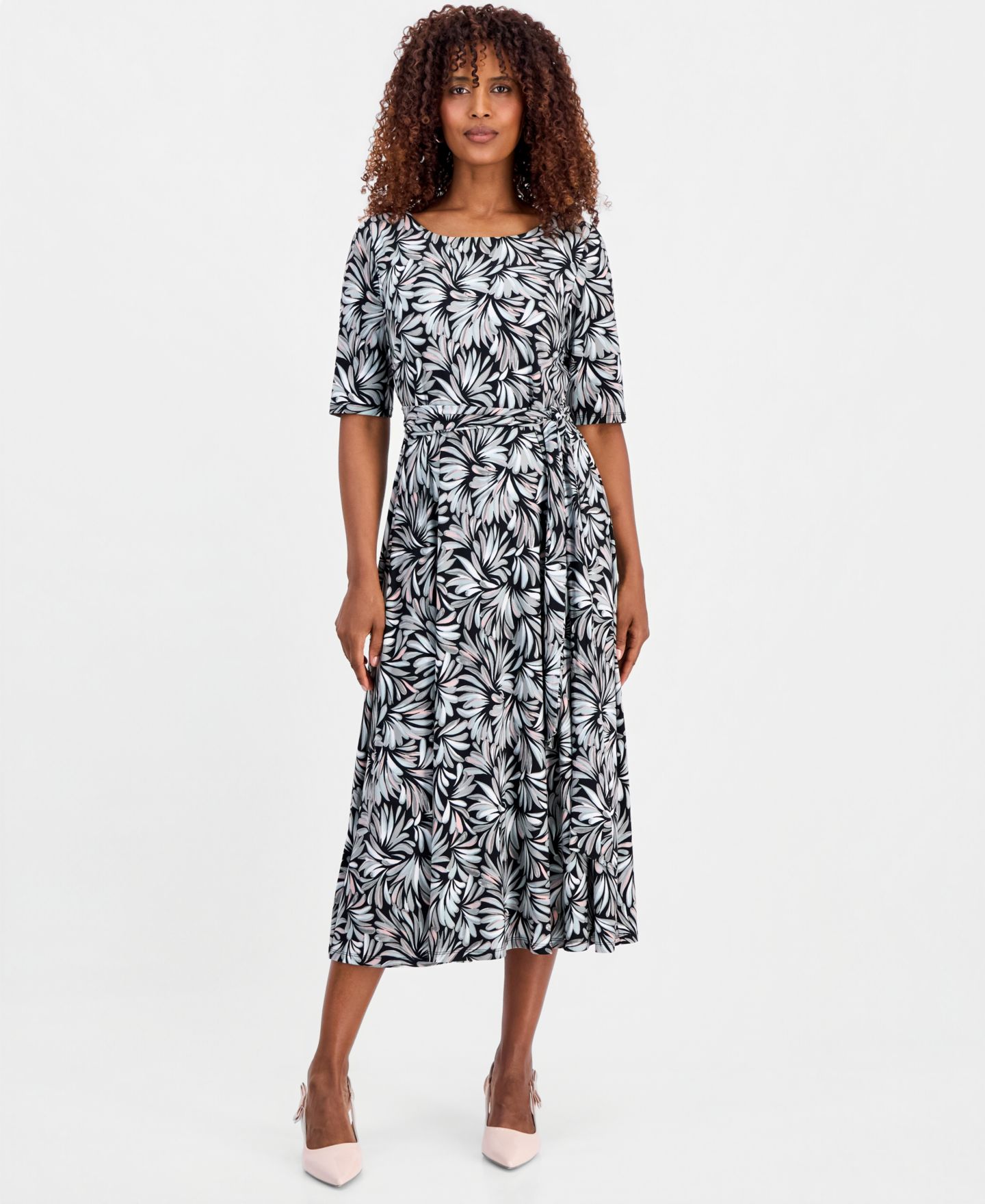 Женское платье Kasper Printed Elbow-Sleeve Fit & Flare, цвет: Чёрный разноцветный — фото 1