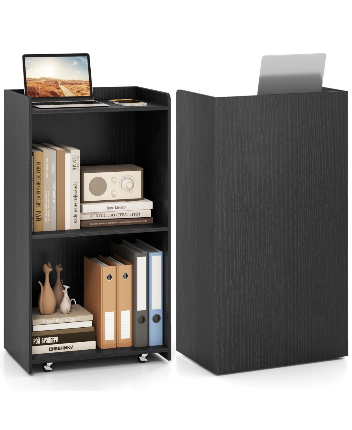 Sugift Rolling Podium Stand with 2 Shelves and Lockable Wheels