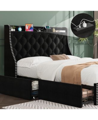 Full Bed Frame with Wingback Headboard & 4 Drawers, Velvet Upholstered, Charging Station, Button Tufted, No Box Spring