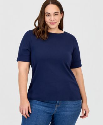 Style & Co Plus Size Boat-Neck Elbow Sleeve Cotton Top, Macy's Exclusive