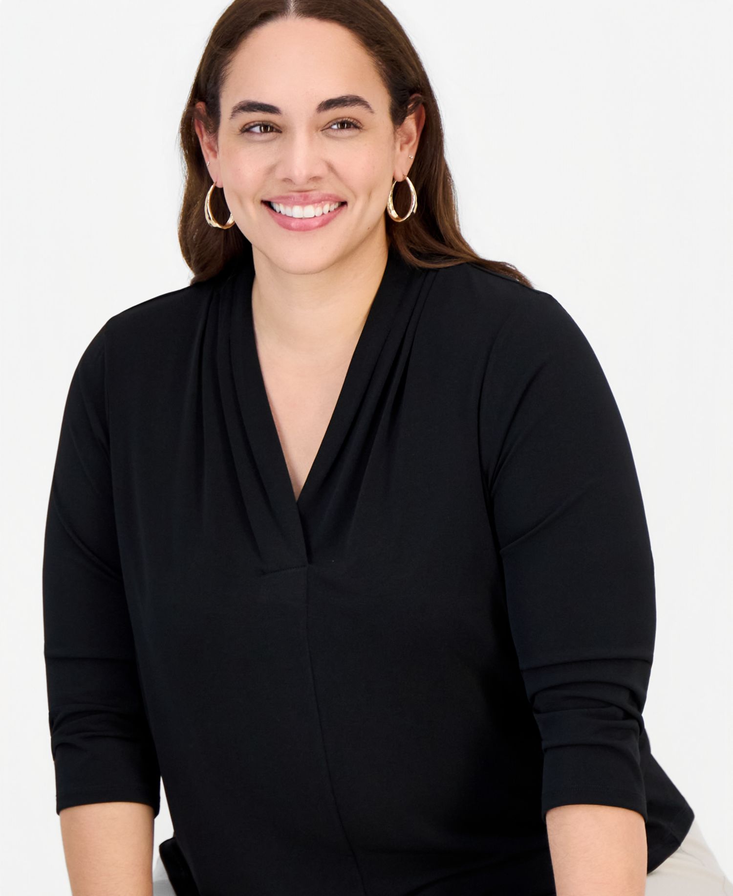 Plus Size Solid V-Neck 3/4-Sleeve Top