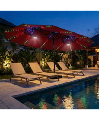 15ft Double-Sided Solar RGB LED Patio Umbrella with Base, Dual Charging