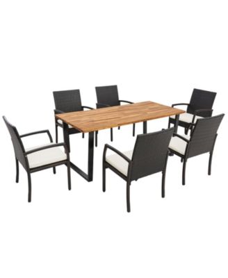7PCS Rattan Dining Set Acacia Wood Table 6 Wicker Chairs w/ Umbrella Hole Patio