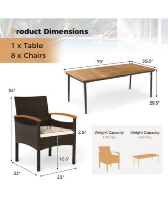 9PCS Patio PE Wicker Dining Set w/ Cushions and 1.9'' Umbrella Hole for Deck