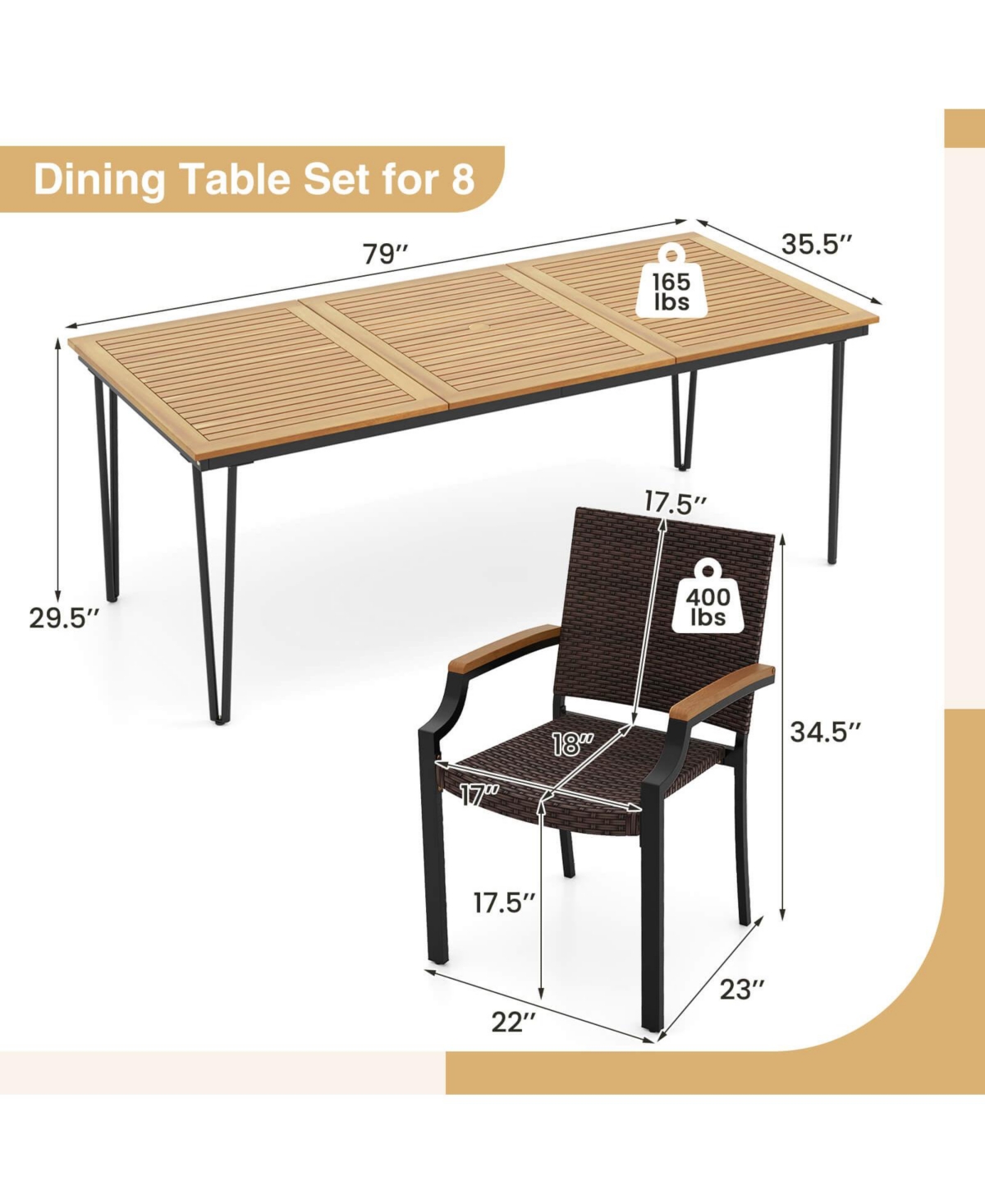 Gymax Set of 9 Patio Dining Set w/79'' Rectangular Dining Table and 8 Stackable Rattan Chairs