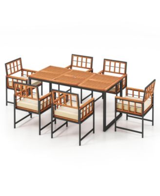 7PCS Dining Set Outdoor Acacia Wood Table w/ Soft Cushions Umbrella Hole Patio
