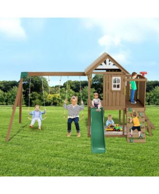 9 in 1 Wooden Swing Set with Slide Swings Fort Picnic Table and Sandbox