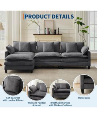 112" Modular Sectional Sofa, L/U-Shaped Corduroy Cloud Couch with Ottoman and Pillows, Deep Seat