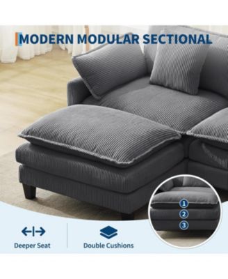 112" Modular Sectional Sofa, U-Shaped Corduroy Cloud Couch with Ottoman and Pillows, Deep Seat
