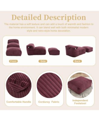 Big Corduroy Bean Bag Chair with Footstool, Memory Foam Filled Floor Chair with Side Pockets for Living Room
