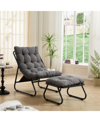 Outdoor Lounge Chair - Sling Recliner Chair with Puffy Cushion and Foot Stool for Living Room, Reading Room