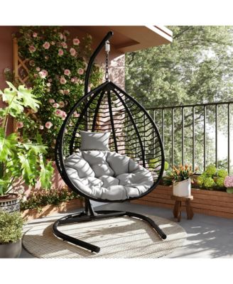 Foldable Rattan Hanging Egg Chair, Swing Hammock Chair with Sturdy Iron Frame, Soft Cushion and Detachable Headrest for Indoor Outdoor Use