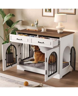 43.3" Dog Crate Furniture with Storage Drawers, Side Doors for Medium Large Dogs, End Table Kennel, WhiteandBrown