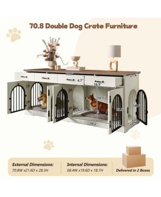 70.8" Dog Crate Furniture for 2 Dogs with Divider, 4 Storage Drawers and Doors, End Table TV Stand, Whiteand