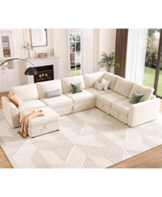 Sectional Sleeper Sofa with Pull-Out Bed, U-Shaped Chenille Modular Couch with Storage and Ottomans
