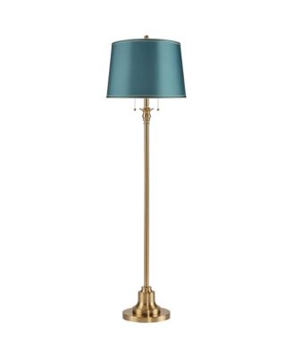 Dyna Traditional Tall 2-Light Standing Floor Lamp Pole Pull Chain Antique Brass Finish Drum Soft Teal Shade