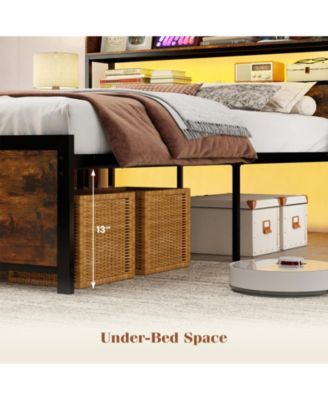 LED Bed Frame with Power Outlets and Storage Headboard