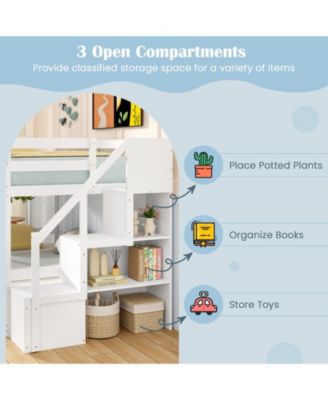 Solid Wood Twin Over Full Low Bunk Bed with Storage Stairs