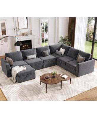 Sectional Sleeper Sofa with Pull-Out Bed, U-Shaped Chenille Modular Couch with Storage and Ottomans