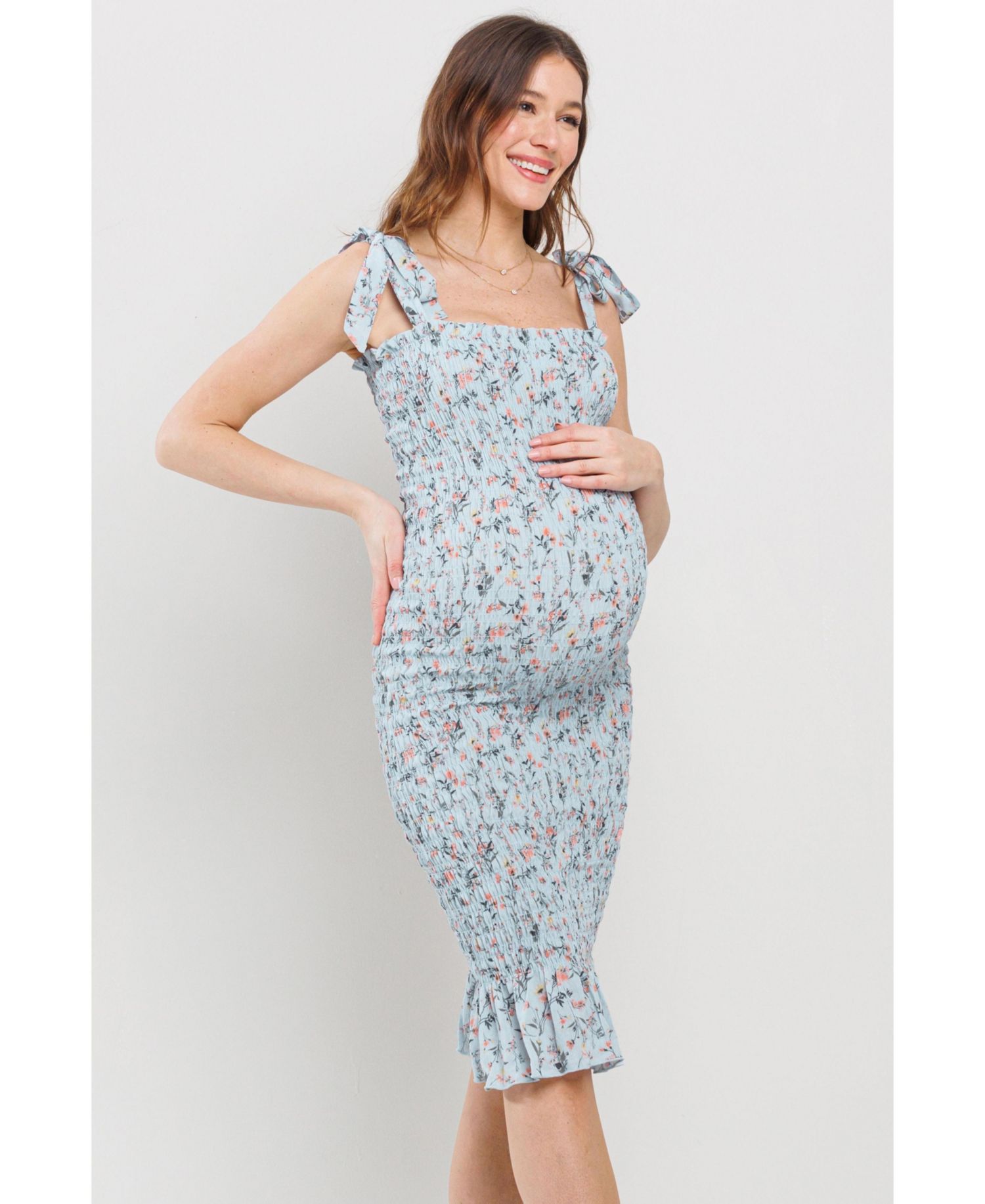 Women's Floral Smocked Square Neck Bodycon Midi Matertnity Dress with Adjustable Tie Straps