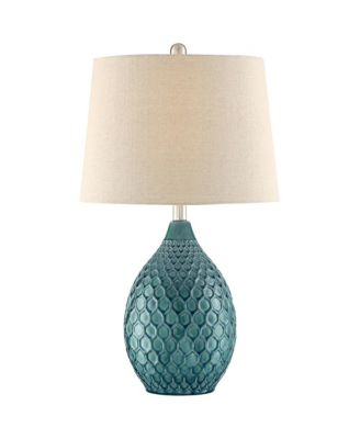 Modern Table Lamp with USB Charging Port 24 3/4" High Sea Foam Ceramic Oatmeal Drum Shade for Living Room Desk Bedroom