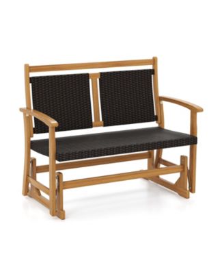 Patio Rattan Glider Bench for 2 with Acacia Wood Frame and Wicker Seat Back