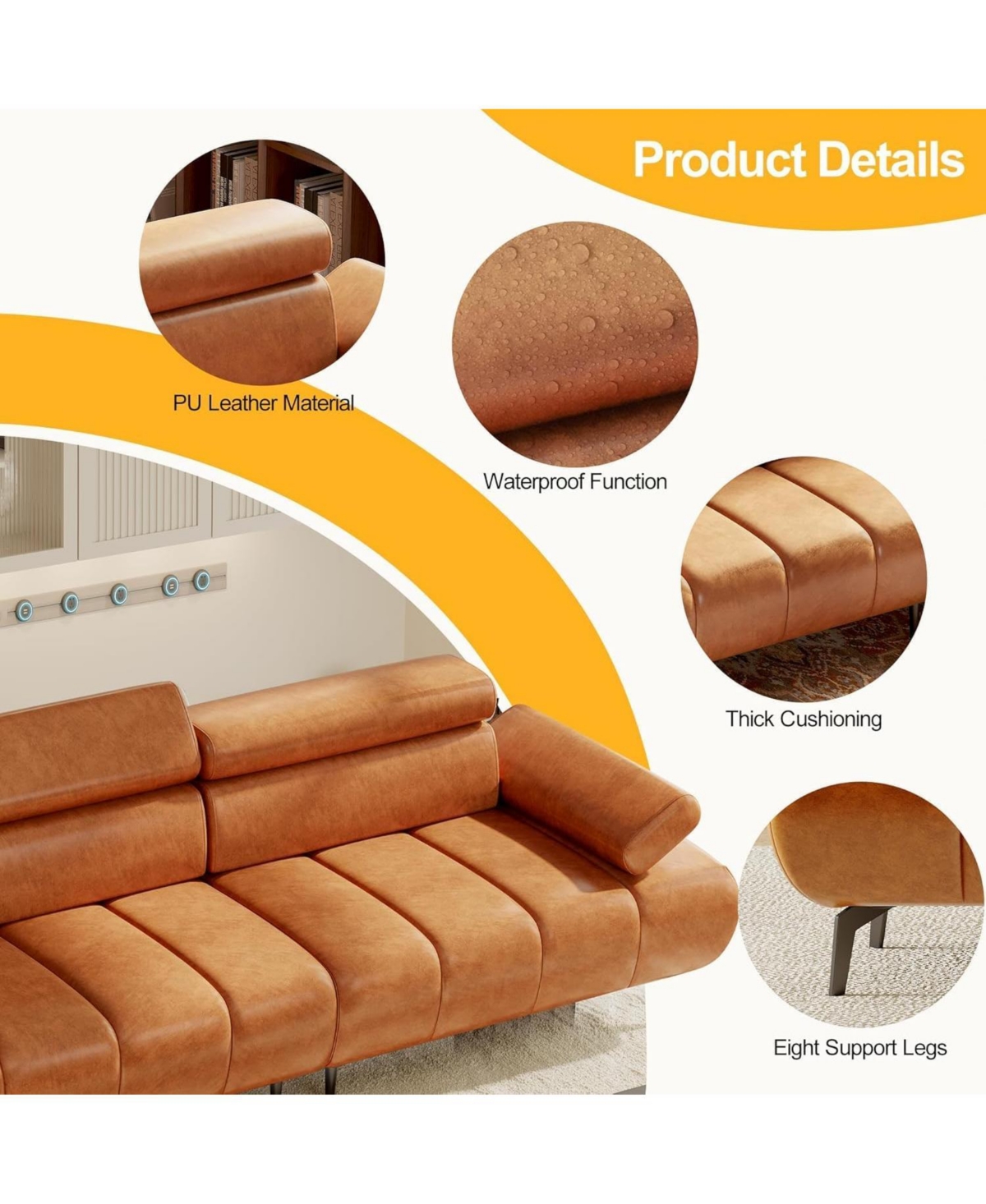 gaomon 3-Seater Sofa Bed, Faux Leather Futon Couch with Adjustable Backrest and Armrests, Convertible Sleeper