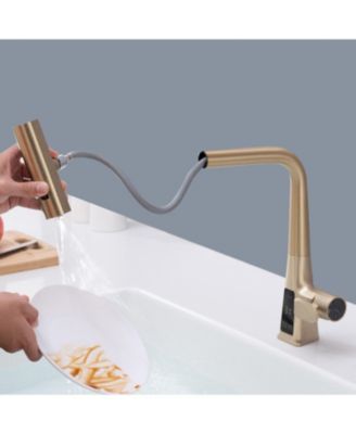 Brushed Waterfall Kitchen Faucet with Temp Display, Pull Down Sprayer, 3 Modes