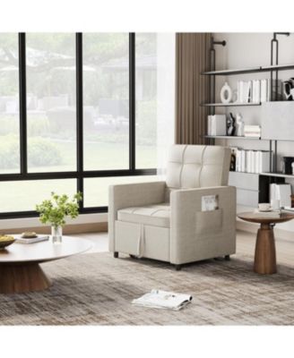 3-in-1 Convertible Sleeper Chair, Pull-Out Sofa Bed with Adjustable Backrest, Linen Fabric