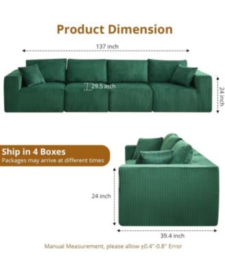 137" Cloud Sectional Sofa, Modular Linear Couch, Corduroy Fabric, No Assembly, Convertible Sleeper