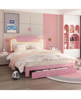 Upholstered Bed Frame with LED Lights, Storage Drawers, Fabric Headboard and Wood Slats