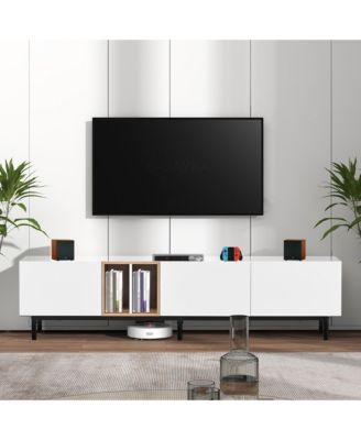Modern TV Stand for 80'' TV, Wooden Entertainment Center, Media Console with 3 Storage Cabinets and Open Shelves for Living Room