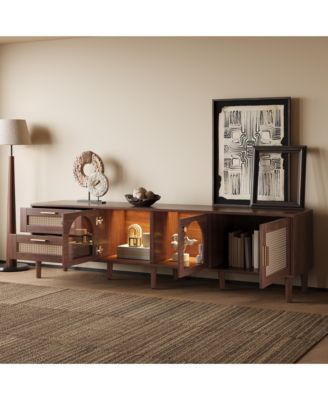 LED TV Stand for TVs up to 80'', Rattan Media Console Table, Entertainment Center with 3 Cabinets and 2 Drawers for Living Room