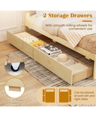 Wooden Bed Frame with Rolling Storage Drawers