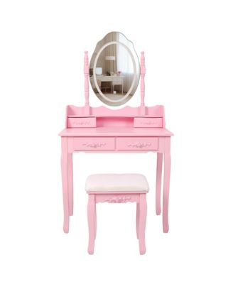 Princess Vanity Desk Set - Wooden Makeup Vanity Table with Mirror, Cushioned Stool and 4 Storage Drawers for Girls Bedroom