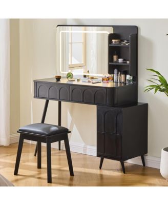 Modern Makeup Vanity Desk - 4 Drawer Dressing Table Set with Cushioned Stool, LED Lighted Mirror for Bedroom