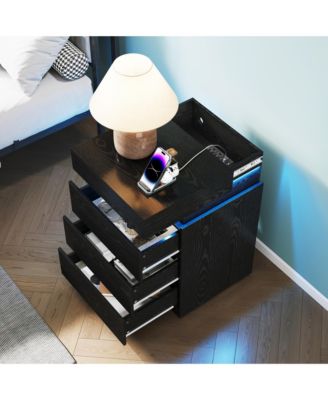 Nightstand with Built-In Charging Station and LED Lighting, Modern Wooden End Side Table with 3-Drawer and Sliding-Top for Bedroom