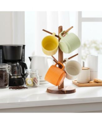 Premium Wood Mug Tree Marble Base 6 Hooks Counter Organizer