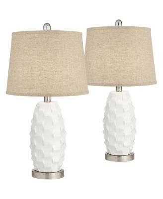 Modern Coastal Table Lamps 24 1/2" High Set of 2 Ceramic LED Burlap Drum Shade for Bedroom Living Room House Bedside Nightstand
