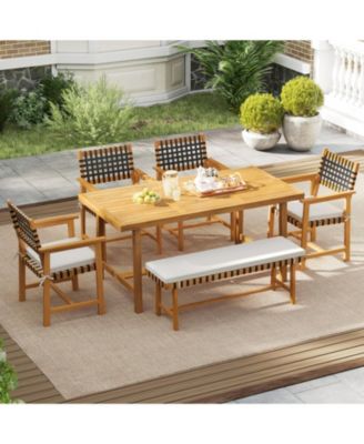 Set of 2 Woven Rope Acacia Wood Outdoor Dining Chairs with Cushions and Armrests