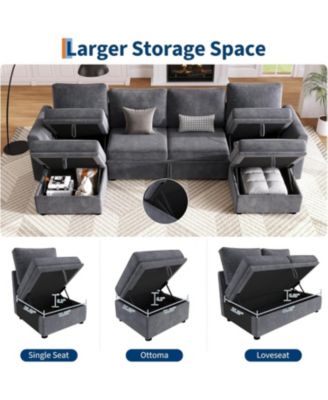 Sectional Sleeper Sofa with Pull-Out Bed, Chenille Modular Couch with Storage and 2 Ottomans