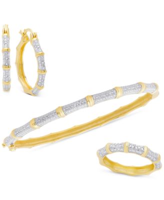 Victoria Townsend - Diamond 3-Pc Set (1/4 ct. t.w.) Bamboo-Look Bangle, Ring and Hoop Earrings in 18k Gold-Plated Sterling Silver