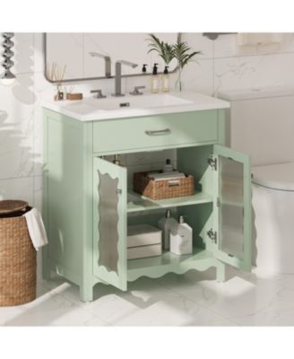 30" Bathroom Vanity with Tempered Glass, Modern Cabinet with Rubber Wood Legs and Soft-Close Doors