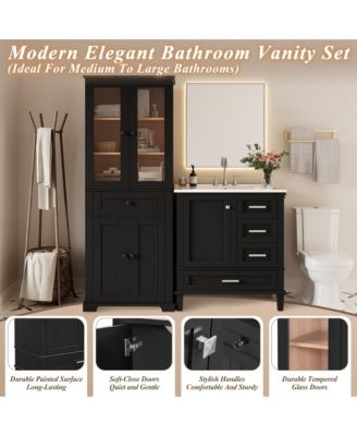 Bathroom Storage Cabinet and Vanity Sink Combo with Glass Doors, Drawer and Adjustable Shelves