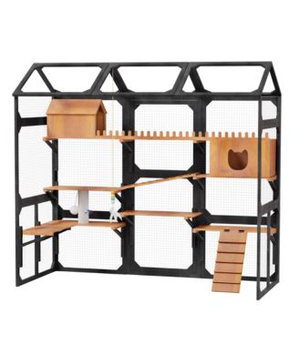Large Wooden Outdoor Cat Enclosure with Plant Stands Multi Level Playpen Weather Resistant Roof Climbing Ramp