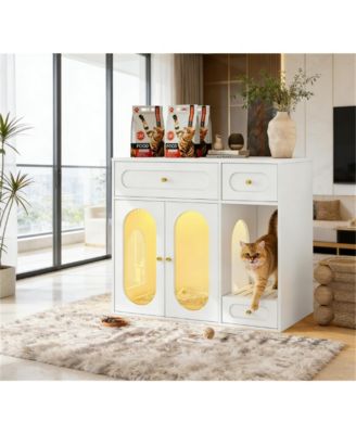 Cat Litter Box Enclosure with LED Light, Storage Drawers and Acrylic Doors