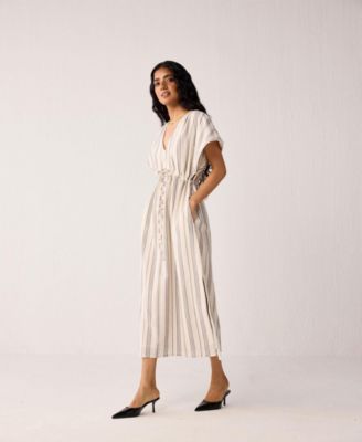 Women's Maxi Gathered Dress with Side Slits in Stripes