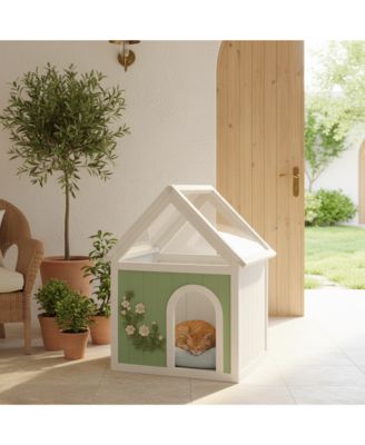 Cedar Floral Carved Transparent Roof Cat House 63.5×47.5×77.6cm