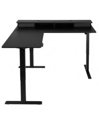 L Shaped Electric Standing Desk 63 x 55 in, Adjustable Height Corner Desk with LED Light Strip and Power Strip